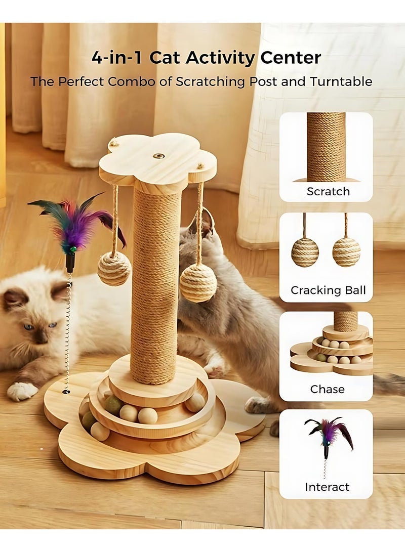 ALMiHomi 4-in-1 Wooden Cat Scratching Post with Sisal Rope, Interactive Ball Track & Feather Toy – Sturdy Indoor Cat Tree for Climbing, Scratching & Playtime – 50cm Tall - Image 3
